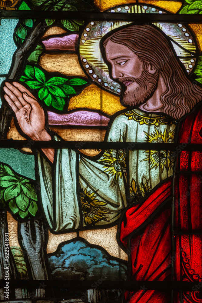 Jesus Christ blessing stained glass inside St Peter Church in Gramado, Brazil