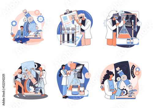 Medical research. Laboratory diagnostic services, medical device design development scenes metaphor. Scientists in hemistry clinic laboratories, microbiology pharmaceutical research. Vaccine discovery photo