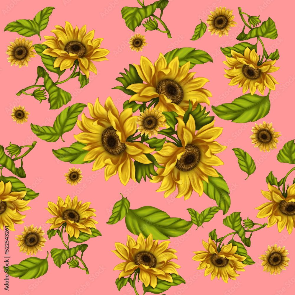 Seamless pattern for printing. Illustration of sunflower flowers. Bright flowers on a light background.