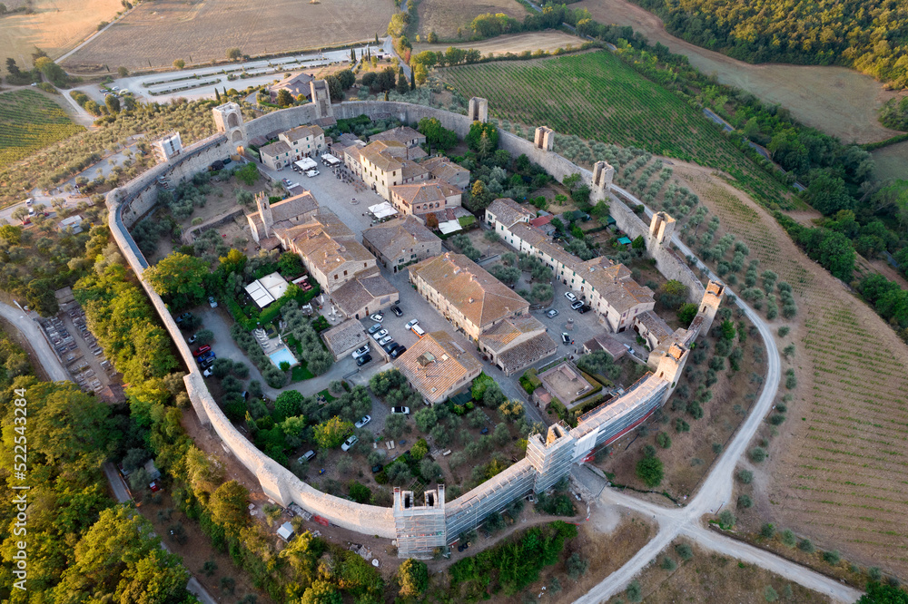 Aerial view of the ancient village of Monteriggioni Tuscany Italy