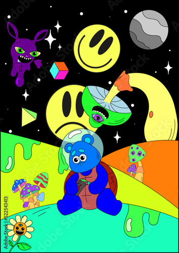 Space poster. Vector crazy illustration. Magic mushrooms, cosmos, techno, acid, trippy style. Psychedelic poster. Surrealism