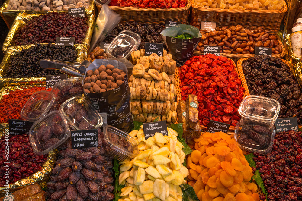 various fresh, organic, dehydrated and healthy products in a public market in Barcelona