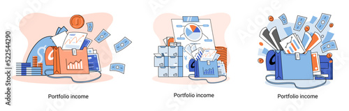 Investment portfolio income dollars currency, buy sell trading, market exchange value metaphor, businessman investor or trader balance portfolio with coins. Financiers analyzing stock market profit
