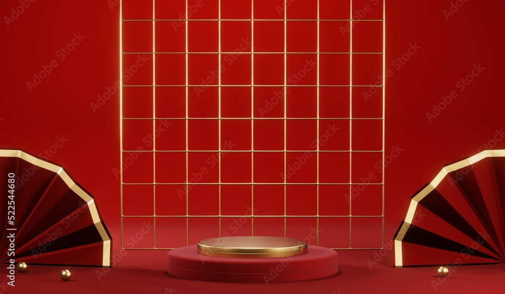 3D rendering of blank product background for cream cosmetics Modern red podium background - obrazy, fototapety, plakaty 