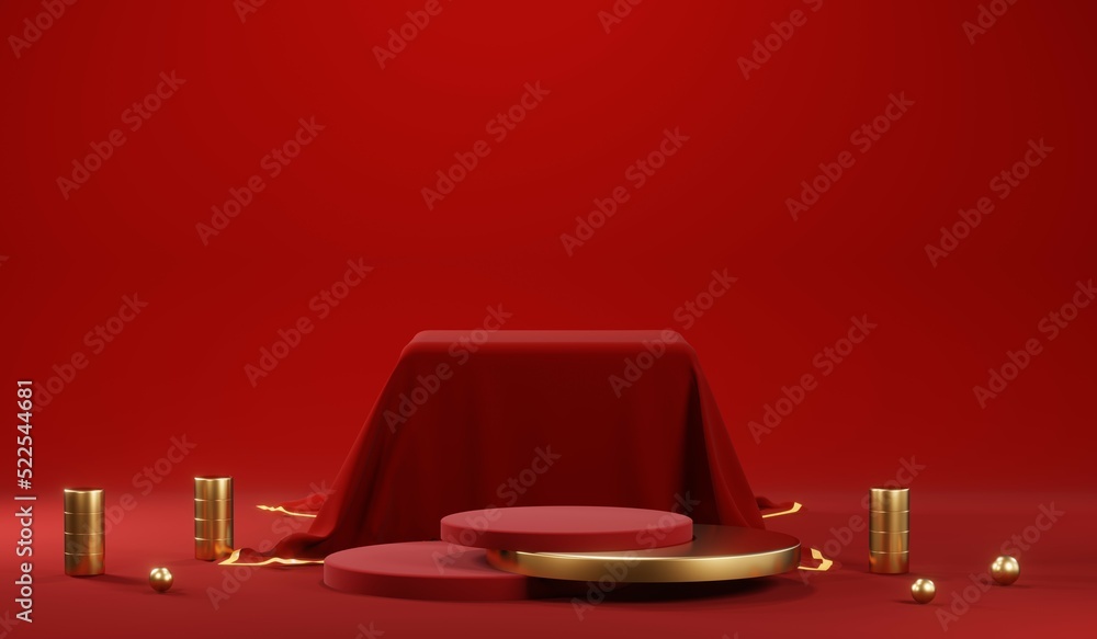 3D rendering of blank product background for cream cosmetics Modern red podium background - obrazy, fototapety, plakaty 
