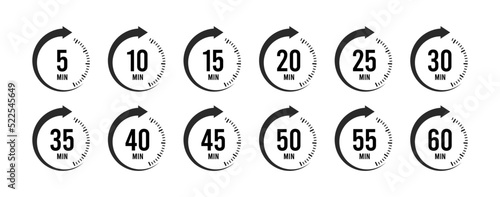 Clocks icon collection design. Countdown 5, 10, 15, 20, 25, 30, 35, 40, 45, 50, 55, 60 minutes. Timer, clock, stopwatch.