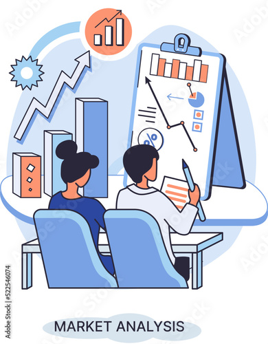 Market analysis metaphor marketing strategy development. Business research. Identify business determine solutions business problems solving. Marketer analyzes sales plan, doing an advertising campaign
