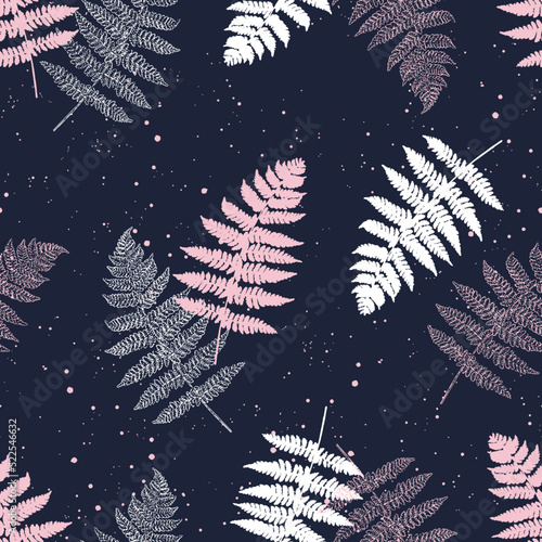 Seamless pattern with paint prints of fern leaves. Pink and navy blue