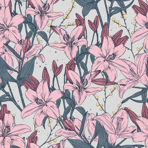 Seamless vector pattern. Lily flower drawing. Hand Drawn Botanical pattern.