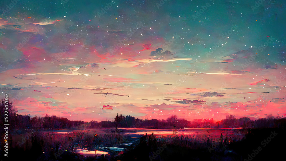 Naklejka premium Red sunset landscape, anime, manga, digital art drawing. Romantic painting of a landscape with clouds and stars. Abstract 4k digital image of moody sad, lovely landscape, janapese illustration style.