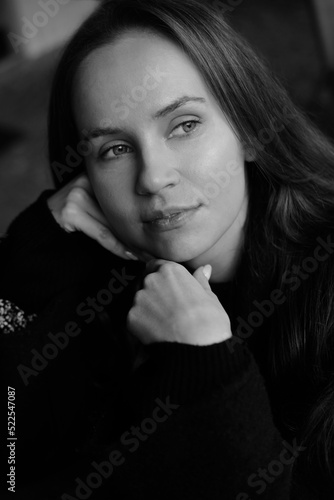 Sensual black and white portrait of a young brunette