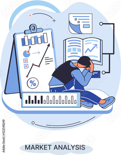 Market analysis, marketing strategy development. Business research. Identify business needs determine solutions business problems solving. Marketer analyzes sales plan, doing an advertising campaign