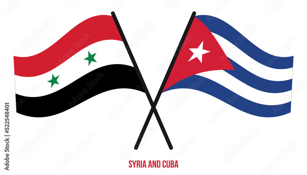 Syria and Cuba Flags Crossed And Waving Flat Style. Official Proportion. Correct Colors.