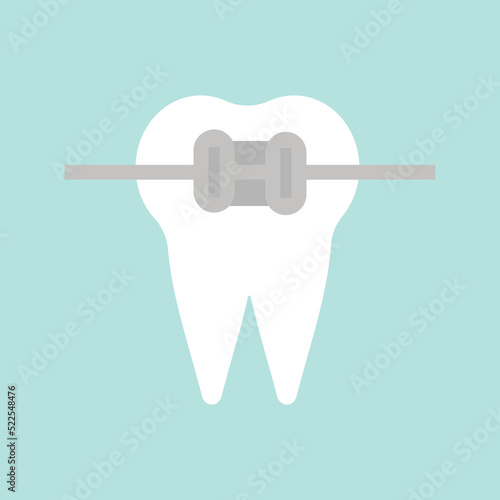 Vector Orthodontics. Tooth with metal braces and bracket system. Dental icon. Web pictogram for dentistry. Stomatology concept, logo or illustration. Orthodontist orthopedist specialization emblem.