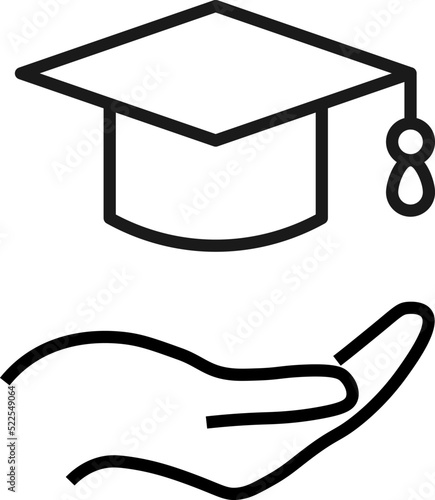Support, present, charity signs. Monochrome symbol for web sites, stores, shops and other facilities. Editable stroke. Vector line icon of university cap over outstretched hand
