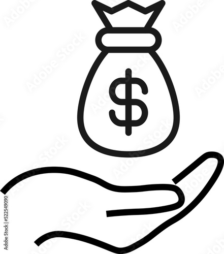 Support, present, charity signs. Monochrome symbol for web sites, stores, shops and other facilities. Editable stroke. Vector line icon of money bag over outstretched hand
