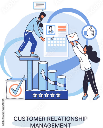 CRM metaphor. Customer Relationship Management. Application software for organizations automatisation of customer interaction strategies to increase sales, optimize marketing, improve customer service