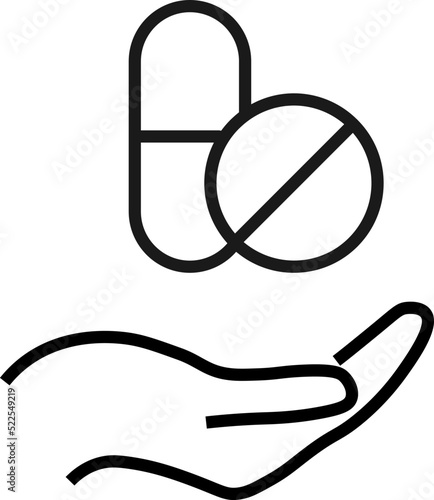 Gift, charity, support symbol. Vector sign drawn with black line. Monochrome image for adverts, banners, stores etc. Line icon of pills over outstretched hand