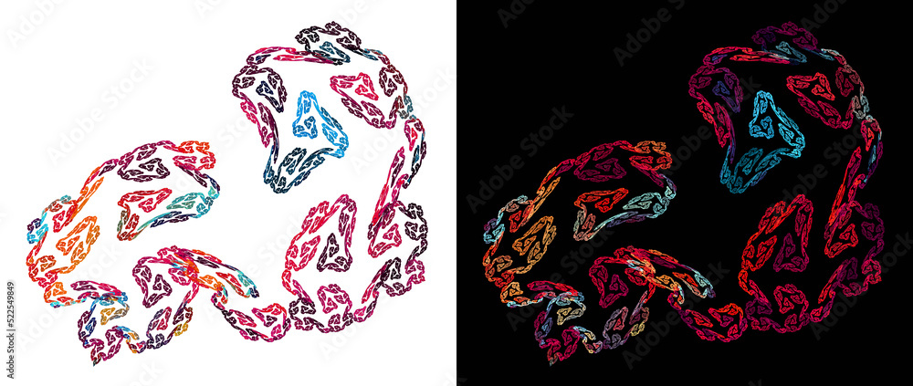 Fototapeta premium Colorful spirals connect and create whimsical patterns on white and black backgrounds. Set of abstract fractal backgrounds. 3d rendering. 3d illustration.