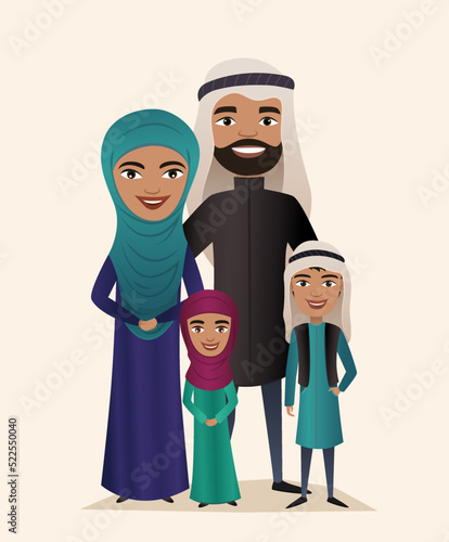 Happy arab family couple with children isolated vector illustration. Husband, wife, daughter and son in national dress. Smiling young people portrait, big happy family with kids standing together.