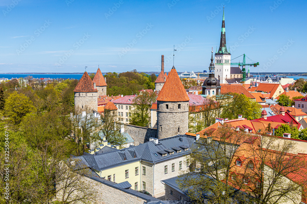 Looking out from the Upper Town over the rooves of the old town of Tallinn the capital city of Estonia