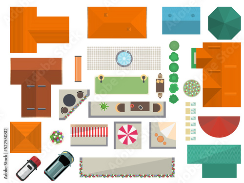Top view landscape isolated vector illustration. House roof, car, garden furniture, tree, bushe, bench, table, swimming pool, gazebo, flower, sun umbrella elements. Private house plan design set.