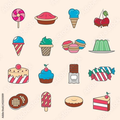 Sweet dessert icon set isolated vector illustration. Ice cream, cake, chocolate, donut, cookie, candy, jelly, pie, cupcake, cheesecake, lollipop pictograms. Cafe, restaurant, pastry shop sweet menu