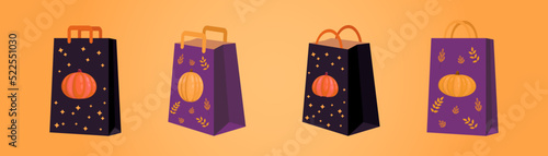 Halloween packages with pumpkins and leaves. paper bags for shopping, gifts and food bags in halloween style. Colored kraft paper and cardboard bags with handles.Shopping concept trendy vector drawing