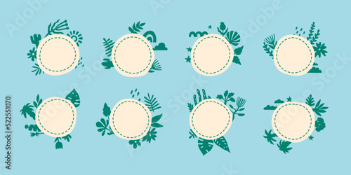 Set of round templates for text with botanical elements. Vector hand drawn eco and bio concept frames.