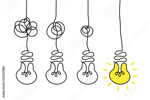 Simplifying the complex, confusion clarity or path vector idea concept with lightbulbs doodle illustration
