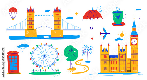 Landmarks of Great Britain - flat design style illustration set