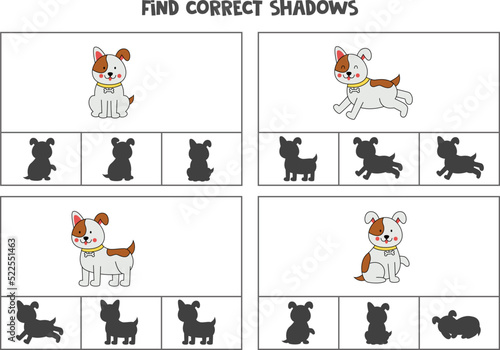 Find correct shadow of cute dogs. Printable clip card games for children.