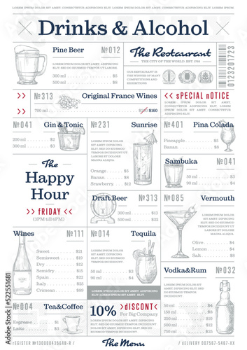 Restaurant or cafe menu vintage design vector illustration. Drinks and alcohol map, cocktail card, bar or pub flyer with beverage sketches.