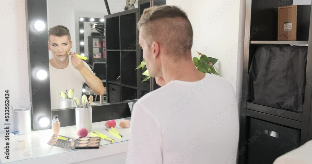 Drag queen artist looking in the mirror and applying makeup on face while getting ready in the dressing room. LGBT concept. Drag queen artist looking in the mirror and applying makeup on face while getting ready in the dressing room. LGBT concept.