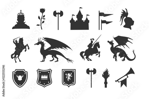 Heraldic symbols and elements. Medieval clip art silhouettes