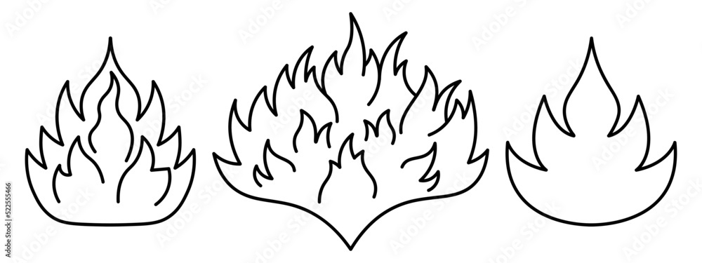 Fototapeta premium Fire flames of various shapes. Burning bonfire. Sketch. Set of vector illustrations. Hot tongues of fire. Coloring book for children. Isolated background. Doodle style. Idea for web design.