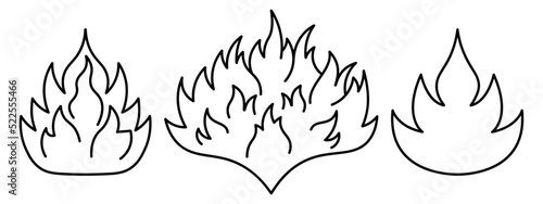 Fire flames of various shapes. Burning bonfire. Sketch. Set of vector illustrations. Hot tongues of fire. Coloring book for children. Isolated background. Doodle style. Idea for web design.