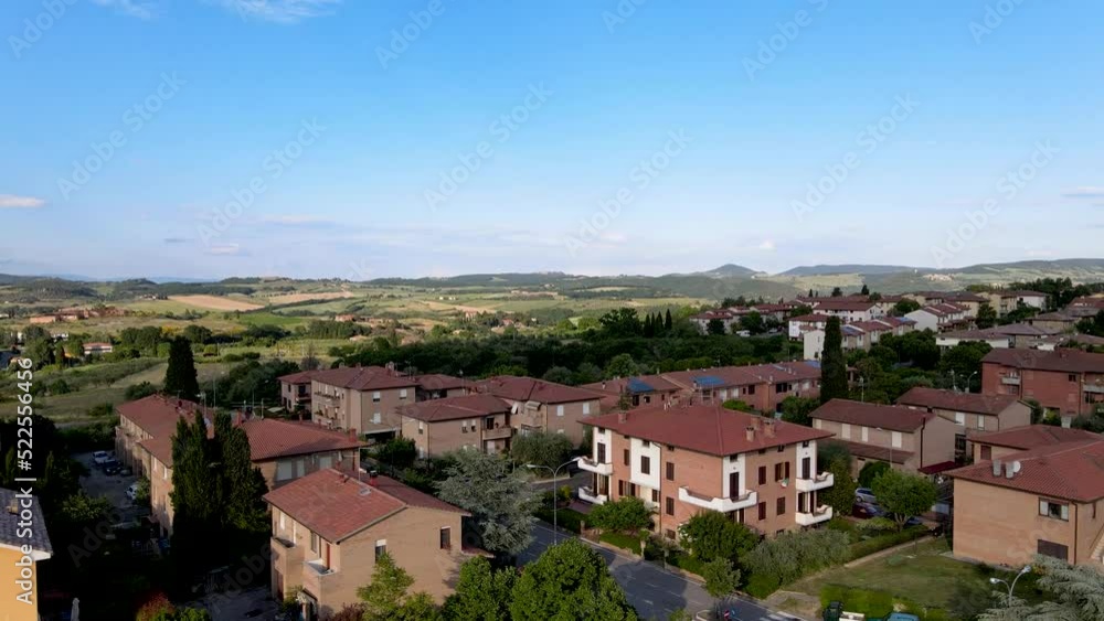 Pienza, Tuscany. Aerial view at sunset of famous medieval town Pienza, Tuscany. Aerial view at sunset of famous medieval town