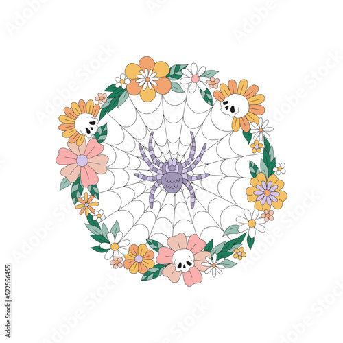 Photographie Spooky skull flower wreath spider tarantula cobweb vector illustration isolated on white