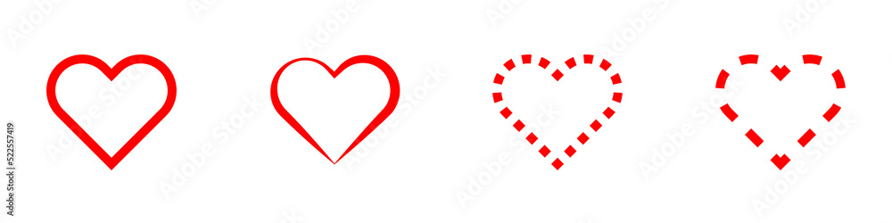 Conjunto de corazones rojos de diferentes estilos de línea