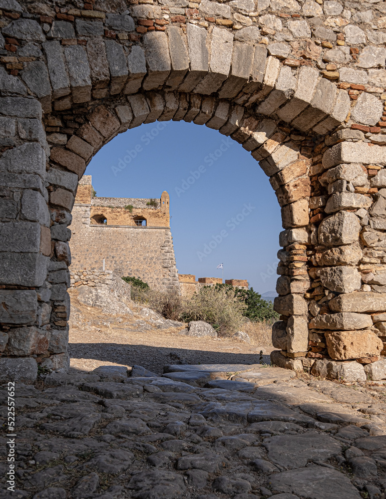 The Castle of Palamidi, the best well-maintained huge castle, the Venetian fortifications architectural masterpice, located in Nafplio on the crest of a 216m cliff, Argolis, Peloponnese, Greece The Castle of Palamidi, the best well-maintained huge castle, the Venetian fortifications architectural masterpice, located in Nafplio on the crest of a 216m cliff, Argolis, Peloponnese, Greece