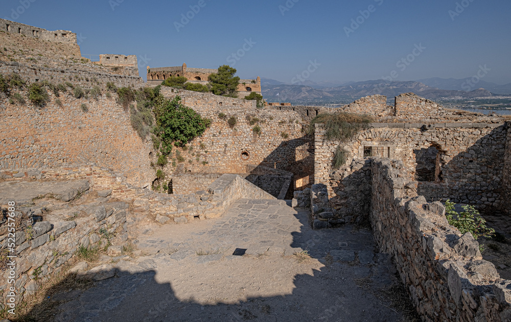 The Castle of Palamidi, the best well-maintained huge castle, the Venetian fortifications architectural masterpiece, located in Nafplio on the crest of a 216m cliff, Argolis, Peloponnese, Greece