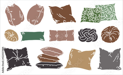 Set of colored interior elements. Home decor clipart with pillows. Flat textile. Stylish cozy isolated elements.