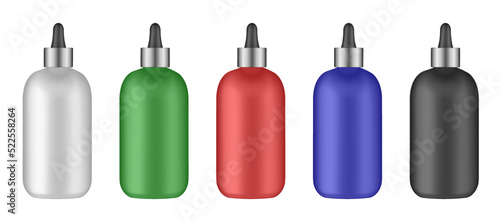 Set of serum bottles with pipette. Dropper. White, green, red, blue and black bottles. Serum, essence or perfume	
