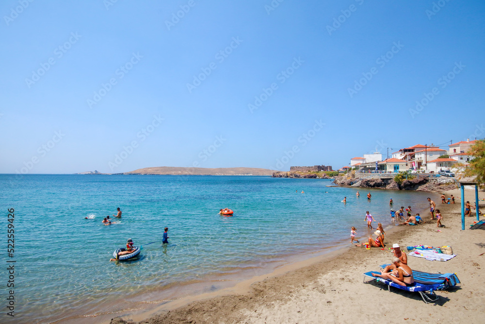 Sigri - Lesbos - Greece, August 6, 2022, Greece Lesbos island Sigri town castle view and beach