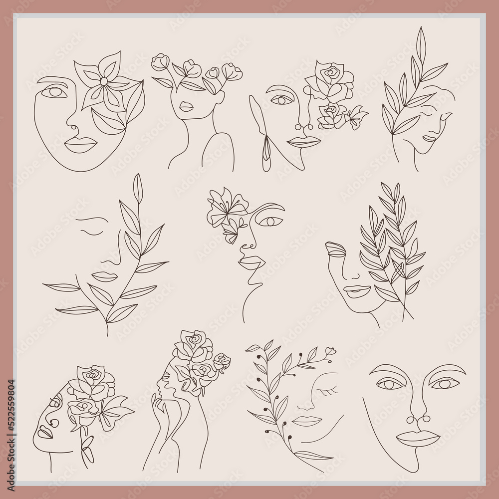 Obraz premium Abstract women face line art design with flower 