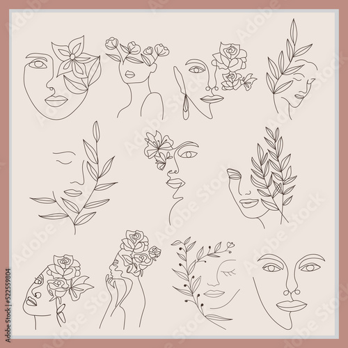 Abstract women face line art design with flower 