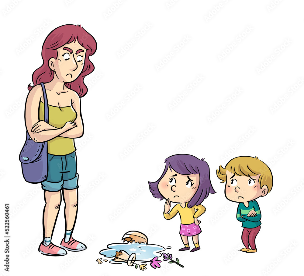 Illustration of angry mother with her children - obrazy, fototapety, plakaty 