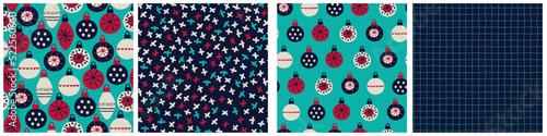 Seamless patterns set. Hand drawn baubles decorated with patterns in Scandinavian style on light blue background. Christmas, New Year, winter holidays concept. For wrapping paper