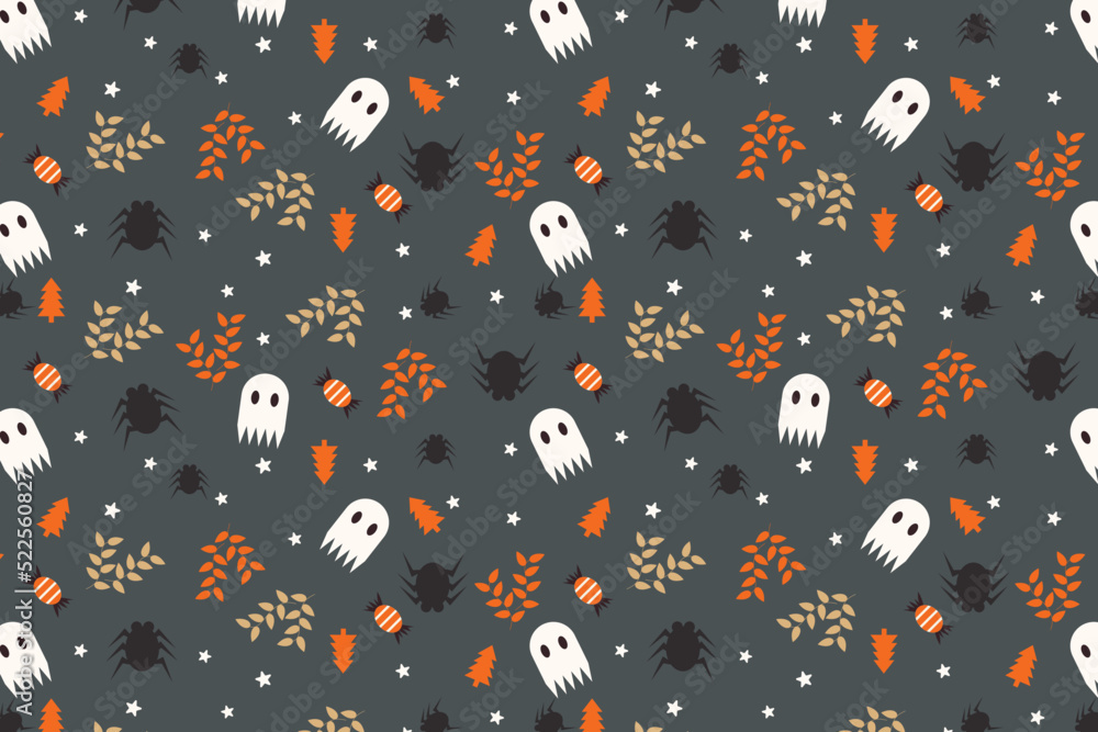 Scary Halloween pattern background with cute ghosts and dead leaves vector. Halloween seamless pattern decoration for book covers and wallpapers. Cute Halloween pattern on a dark background vector. Scary Halloween pattern background with cute ghosts and dead leaves vector. Halloween seamless pattern decoration for book covers and wallpapers. Cute Halloween pattern on a dark background vector.